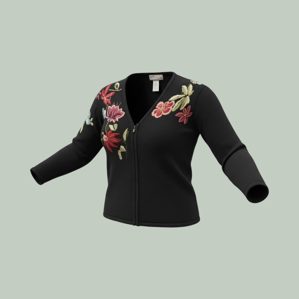 Heirloom Collectibles Vintage Black Floral Embroidered Zip Up Cardigan Sweater M